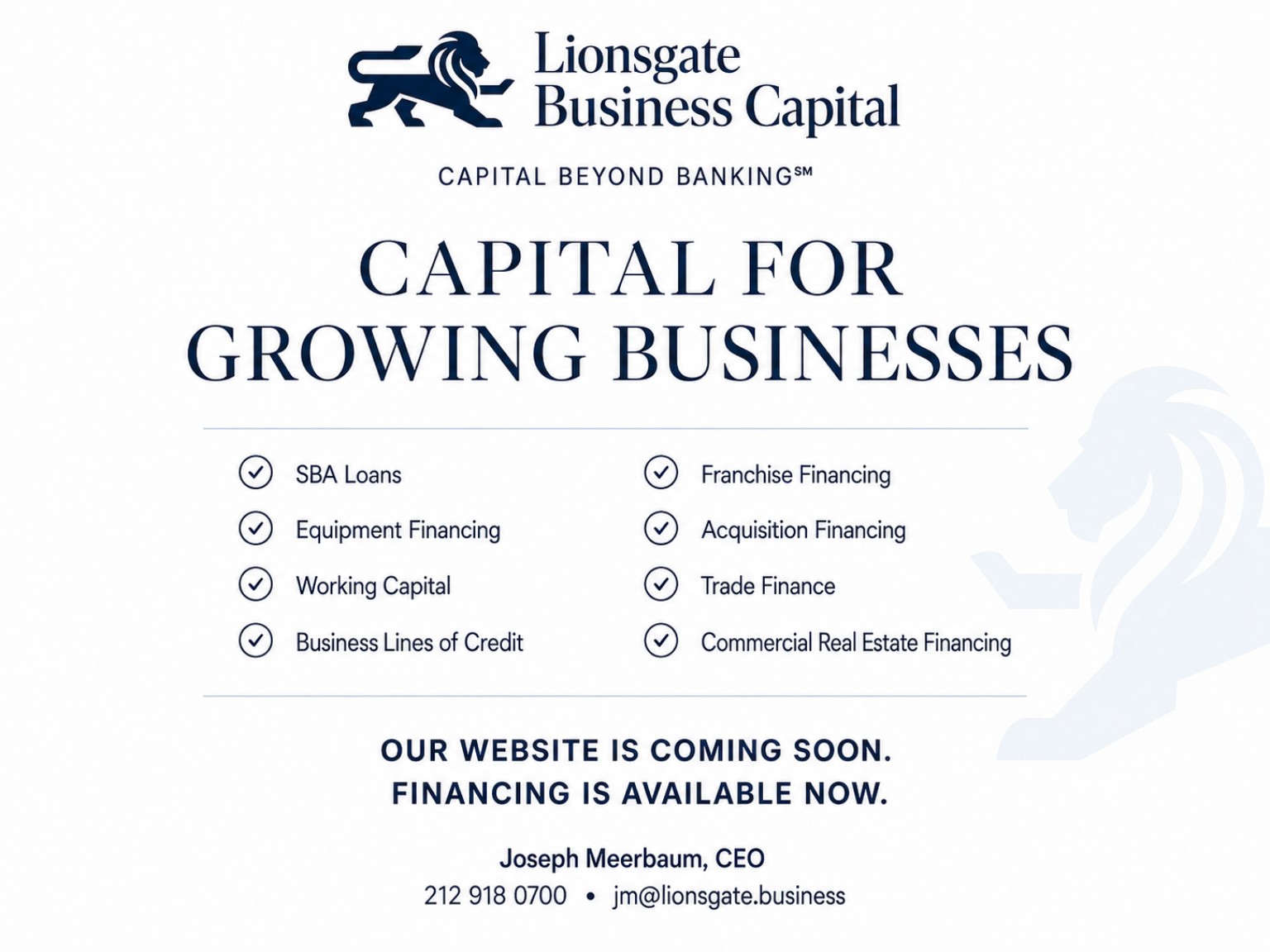 Lionsgate Business Capital. Capital Beyond Banking. Capital for growing businesses. SBA Loans, Equipment Financing, Working Capital, Business Lines of Credit, Franchise Financing, Acquisition Financing, Trade Finance, Commercial Real Estate Financing. Our website is coming soon. Financing is available now. Joseph Meerbaum, CEO. 212 918 0700. jm@lionsgate.business.